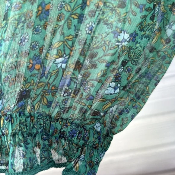 Free People Smocked Shoulder Midi Dress Green Floral Tiered Long Sleeve NWT - Picture 7 of 15